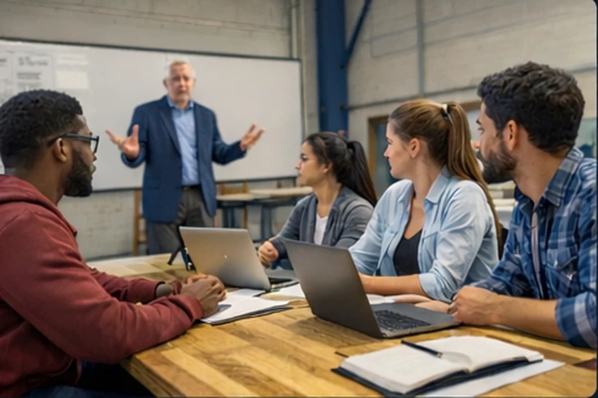 Students working with instructors during an aviation training internship.